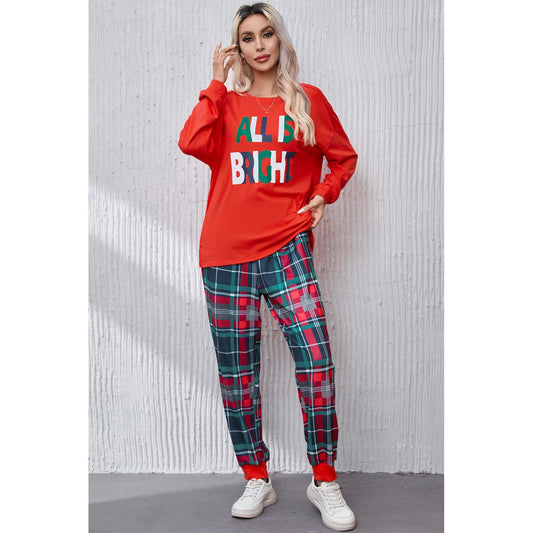 ALL IS BRIGHT Round Neck Top and Plaid Pants Lounge Set