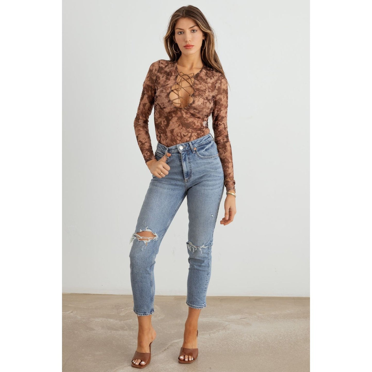 HERA COLLECTION Abstract Mesh Lace-Up Long Sleeve Bodysuit