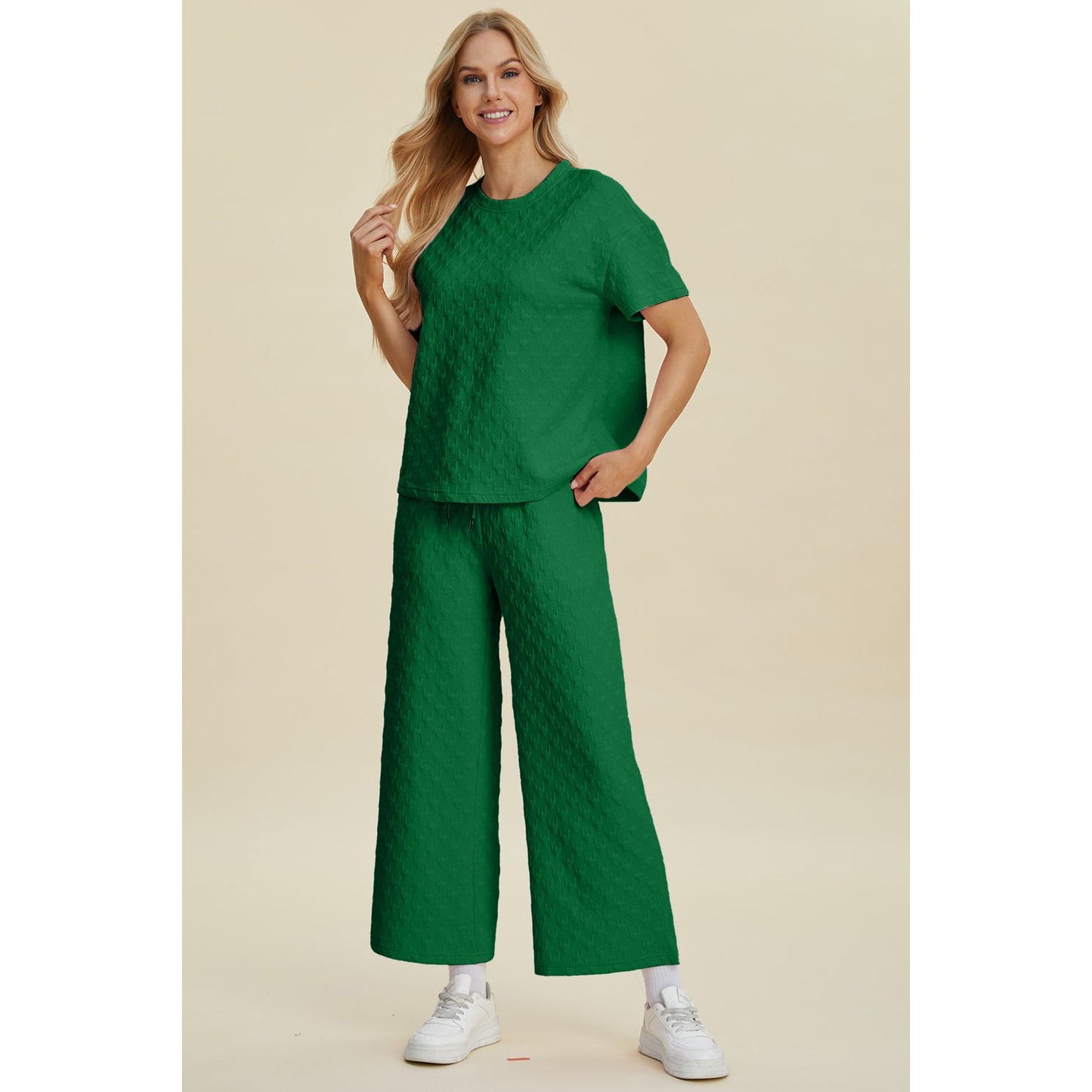 Double Take Full Size Texture Round Neck Short Sleeve Top and Pants Set