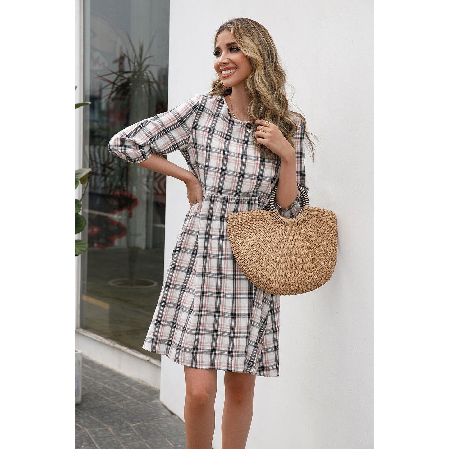 Ivy Lane Plaid Round Neck Mini Dress