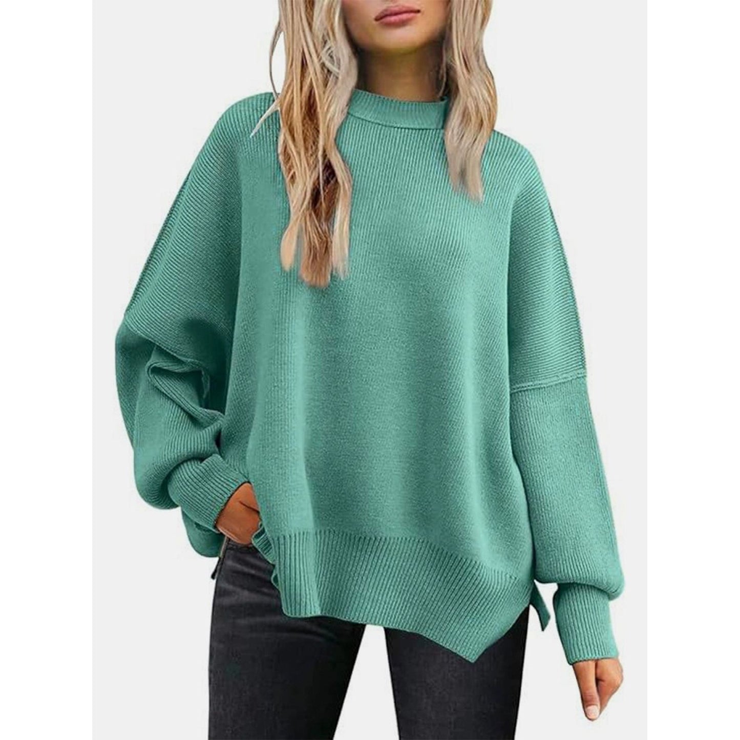 Round Neck Drop Shoulder Slit Sweater