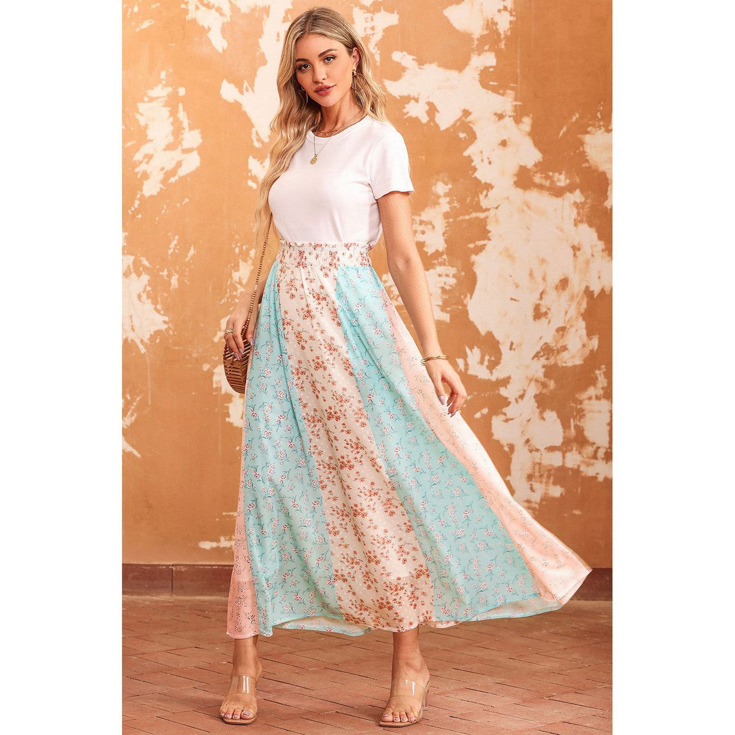 Floral Color Block Smocked Waist Maxi Skirt