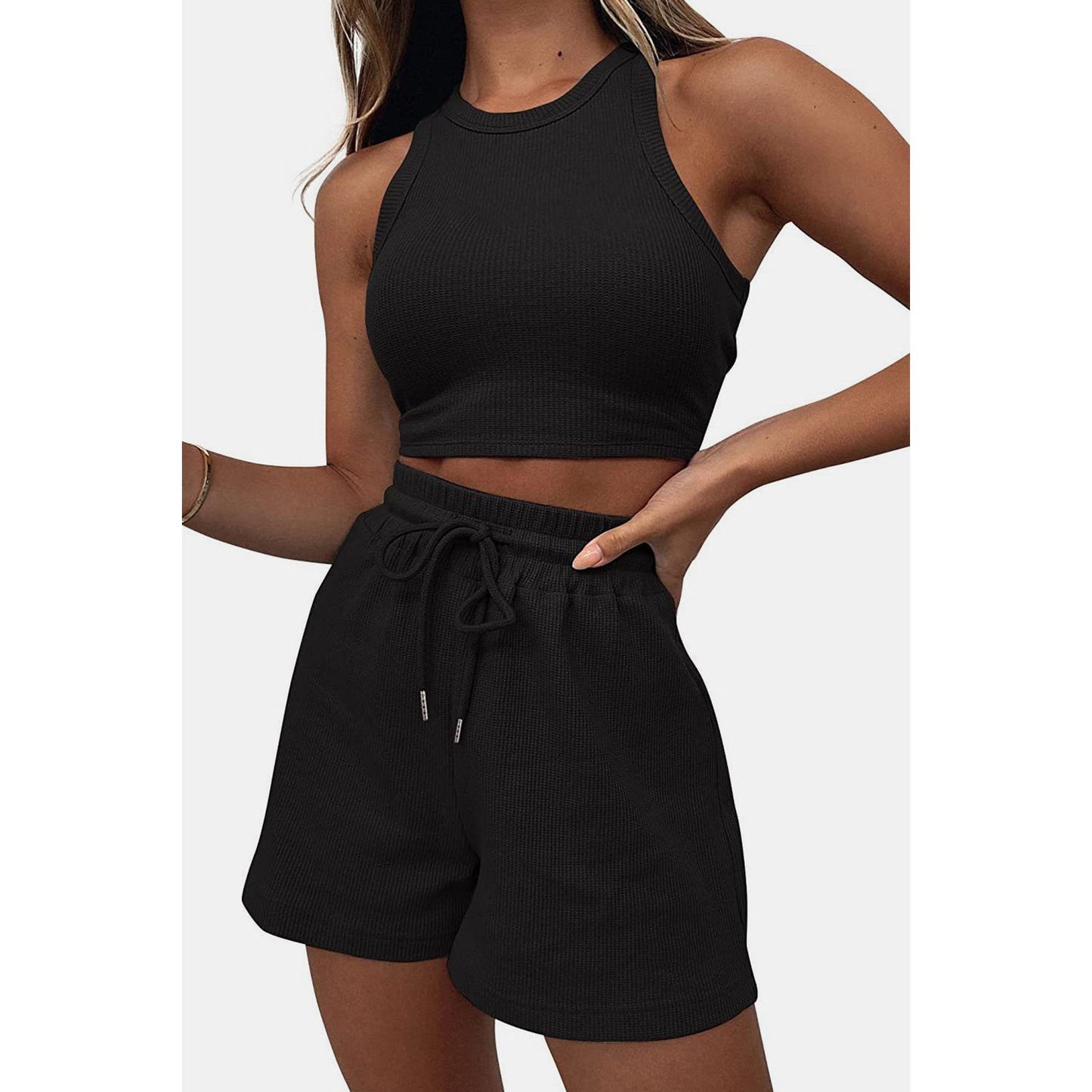 Round Neck Top and Drawstring Shorts Set