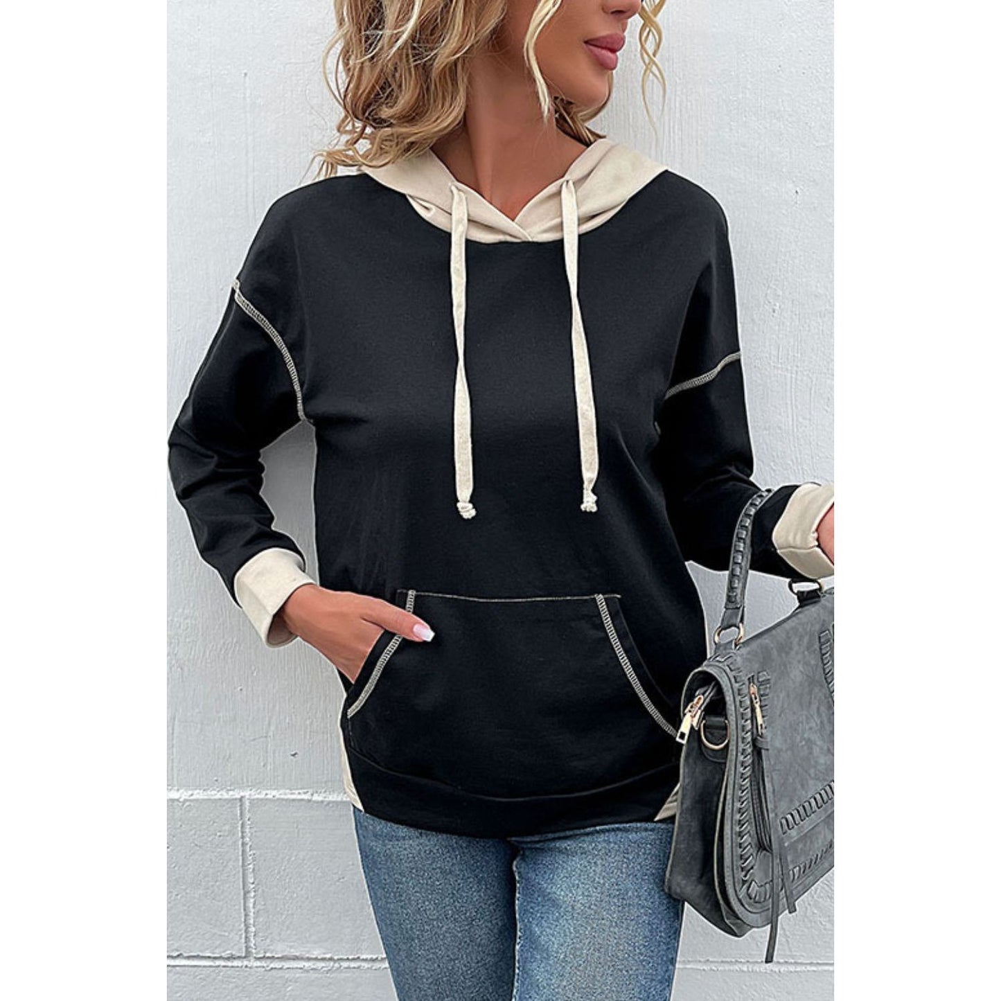 Perfee Contrast Drawstring Detail Drop Shoulder Hoodie