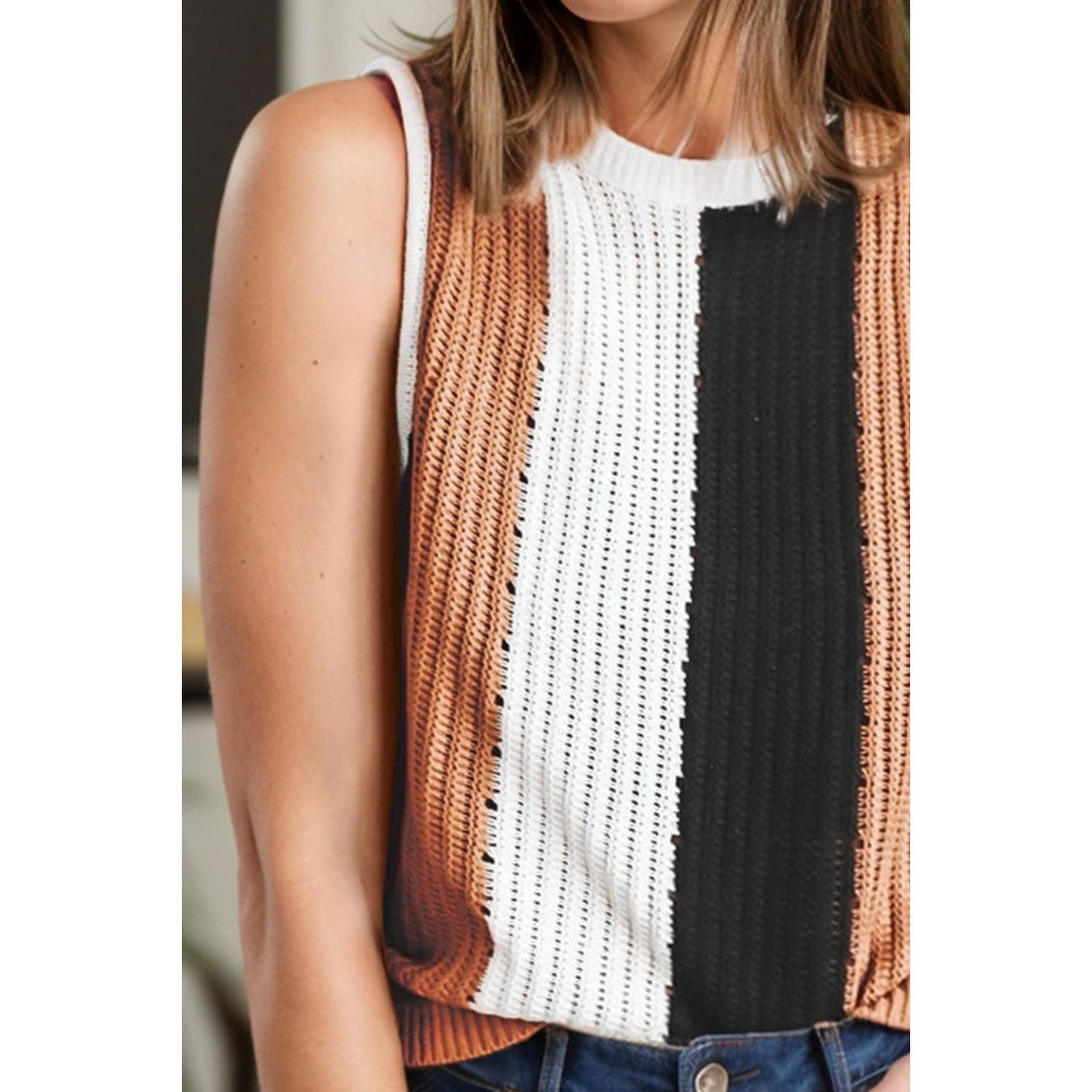 Color Block Round Neck Sweater Vest