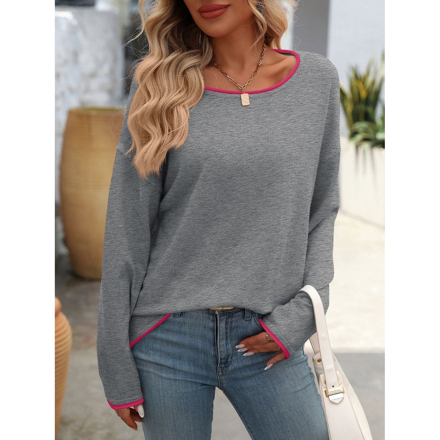 Mandy Contrast Trim Round Neck Long Sleeve Sweater