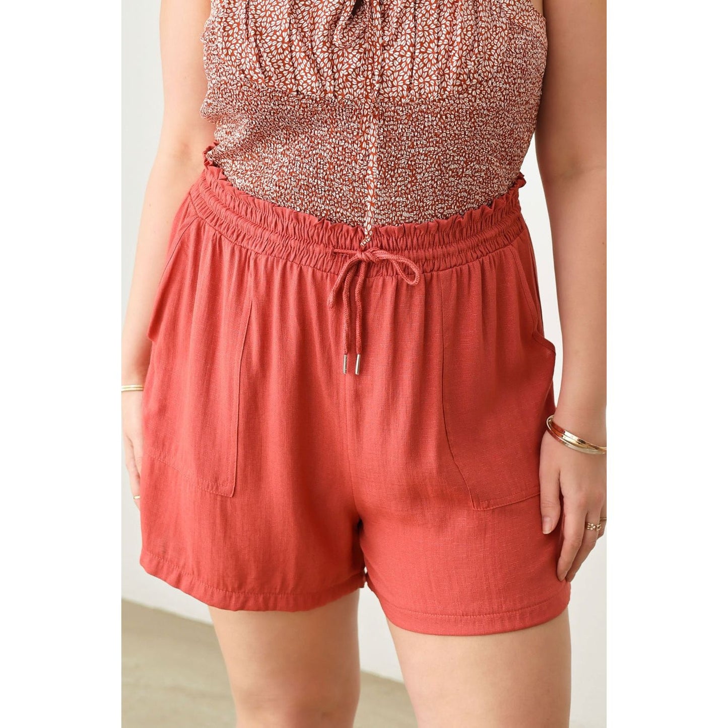 Zenobia Plus Size Drawstring Elastic Waist Shorts with Pockets