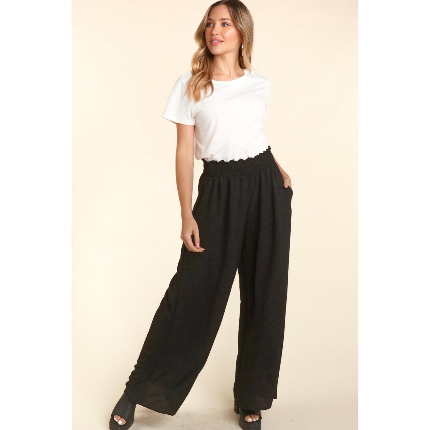 Haptics Elastic Waist Wide Leg Pants with Pockets