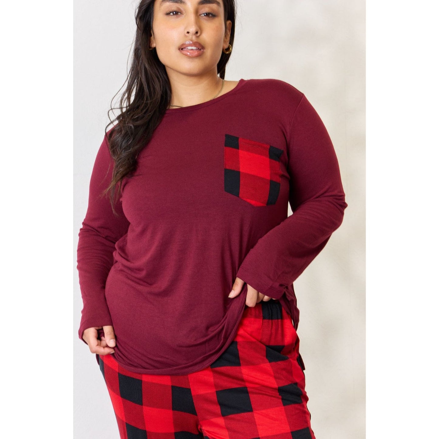 Zenana Full Size Plaid Round Neck Top and Pants Pajama Set