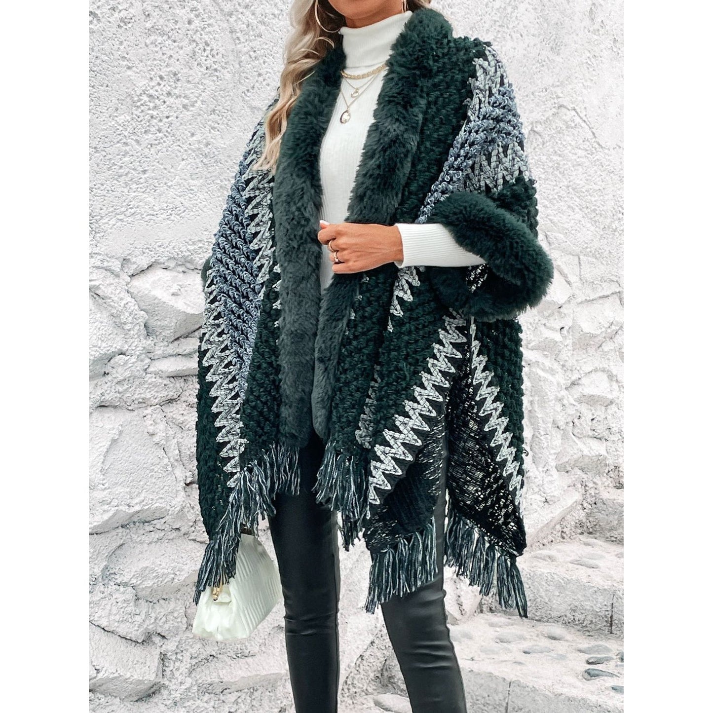 Striped Fringe Hem Poncho