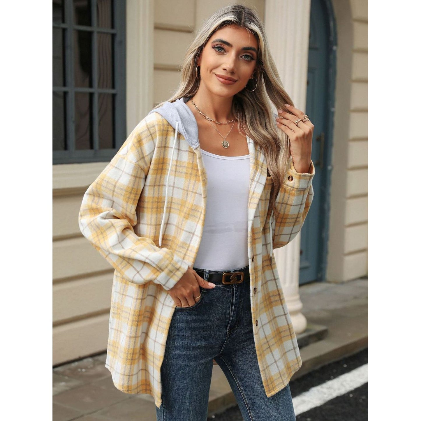 Drawstring Plaid Button Up Hooded Jacket