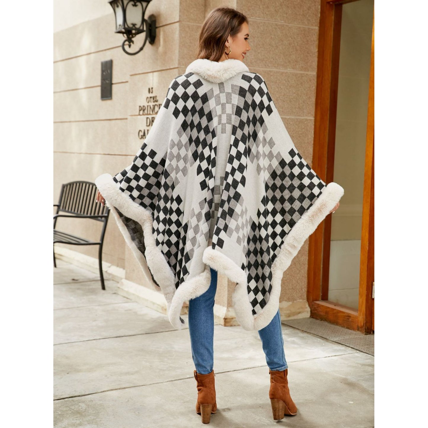 Checkered Faux Fur Trim Poncho