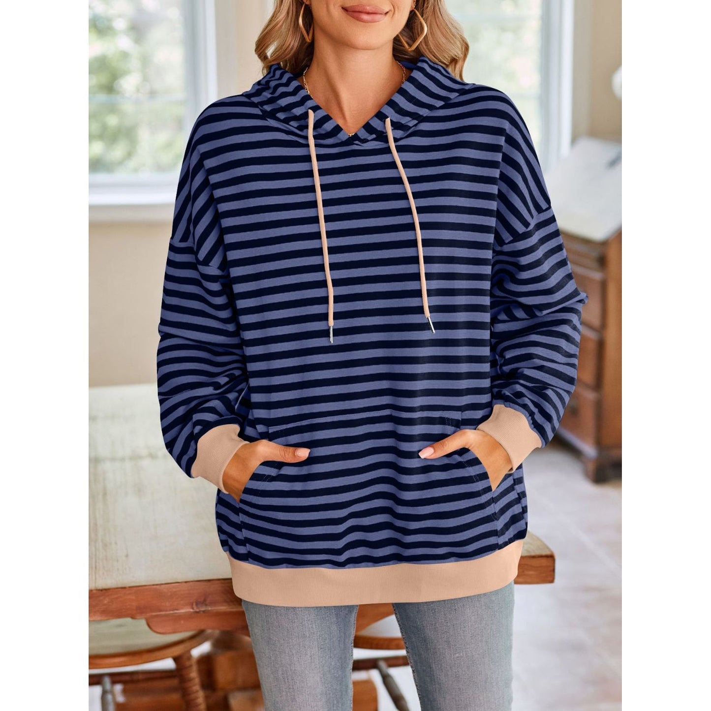 Lovelet Drawstring Striped Long Sleeve Hoodie