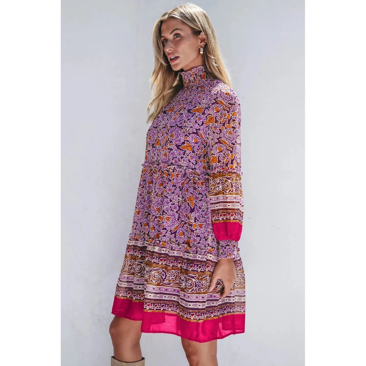 Smocked Floral Turtleneck Long Sleeve Dress