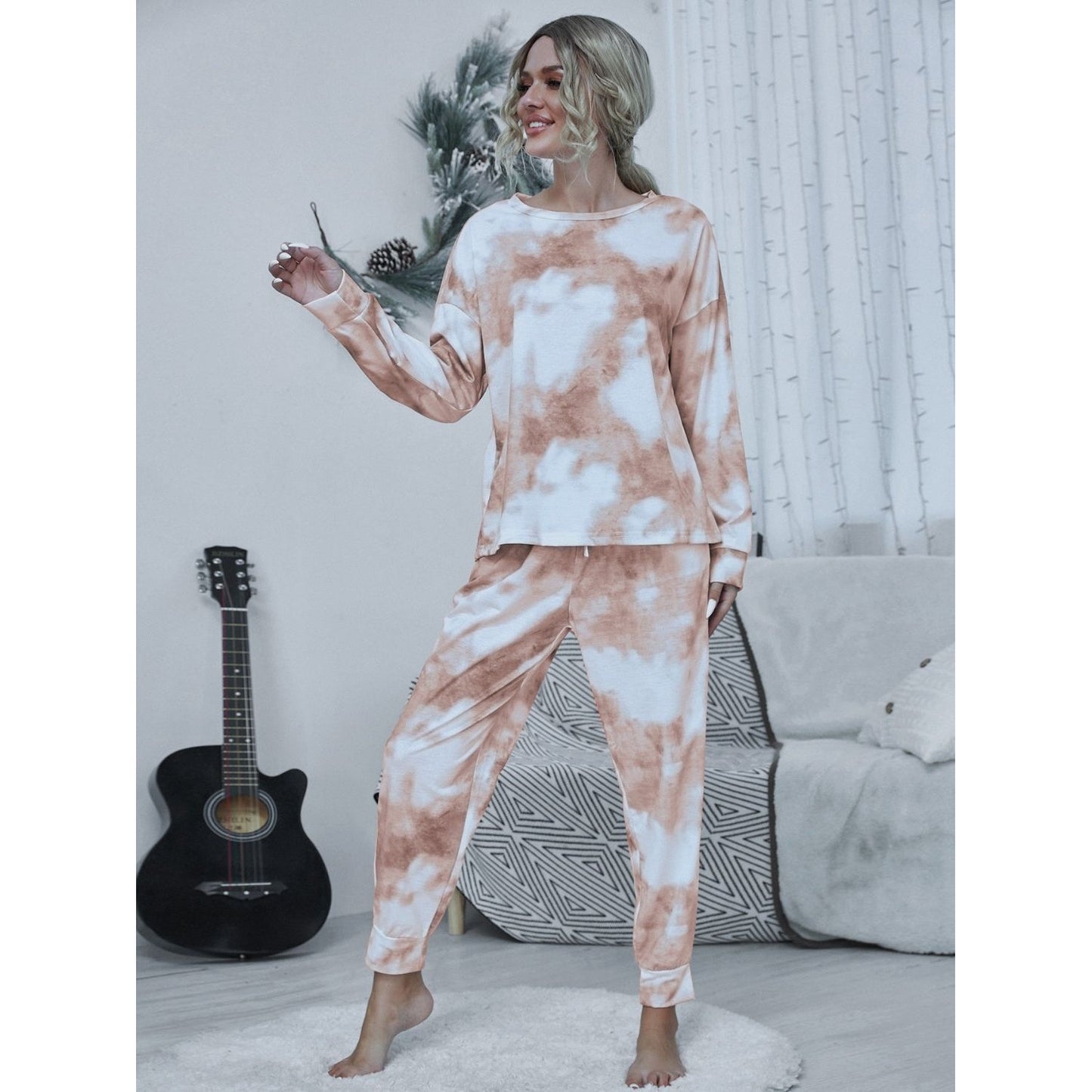 Shiny Tie-dye Round Neck Top and Drawstring Pants Lounge Set