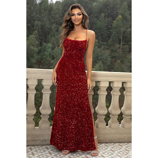 Sequin Backless Split Maxi Dress