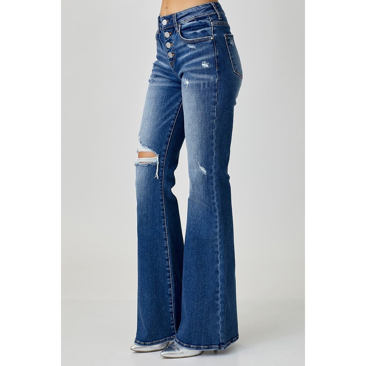 RISEN Distressed Button-Fly Flare Jeans