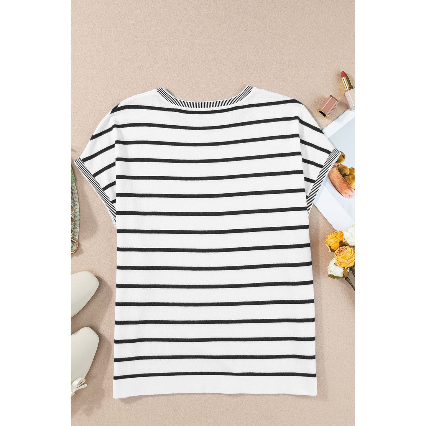 Striped Round Neck Cap Sleeve Knit Top