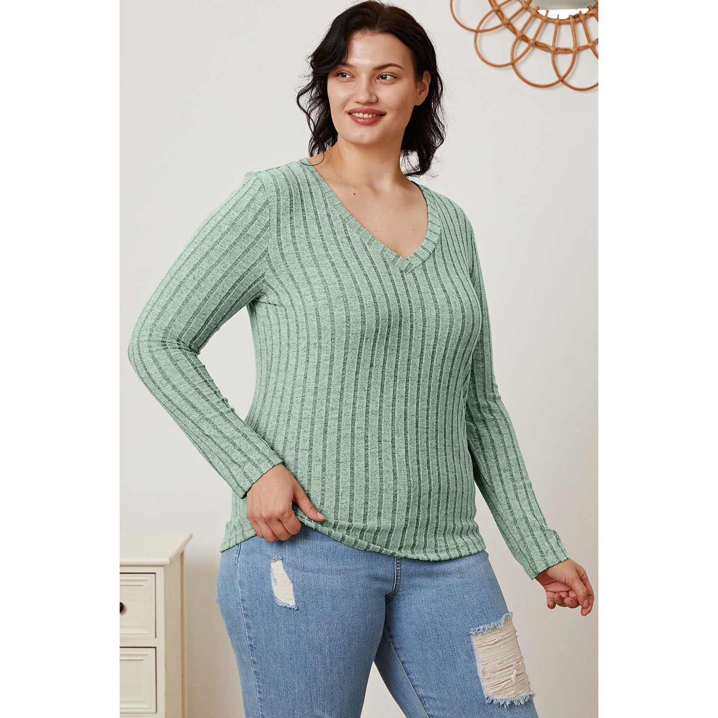 Basic Bae Full Size Ribbed V-Neck Long Sleeve T-Shirt