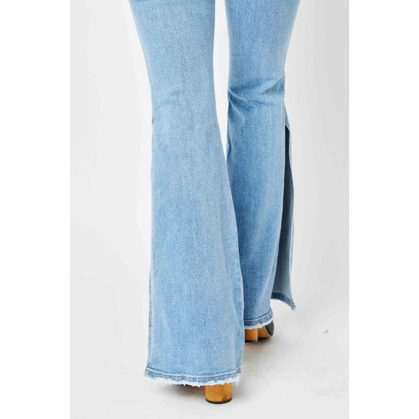 Judy Blue Full Size Mid Rise Raw Hem Slit Flare Jeans