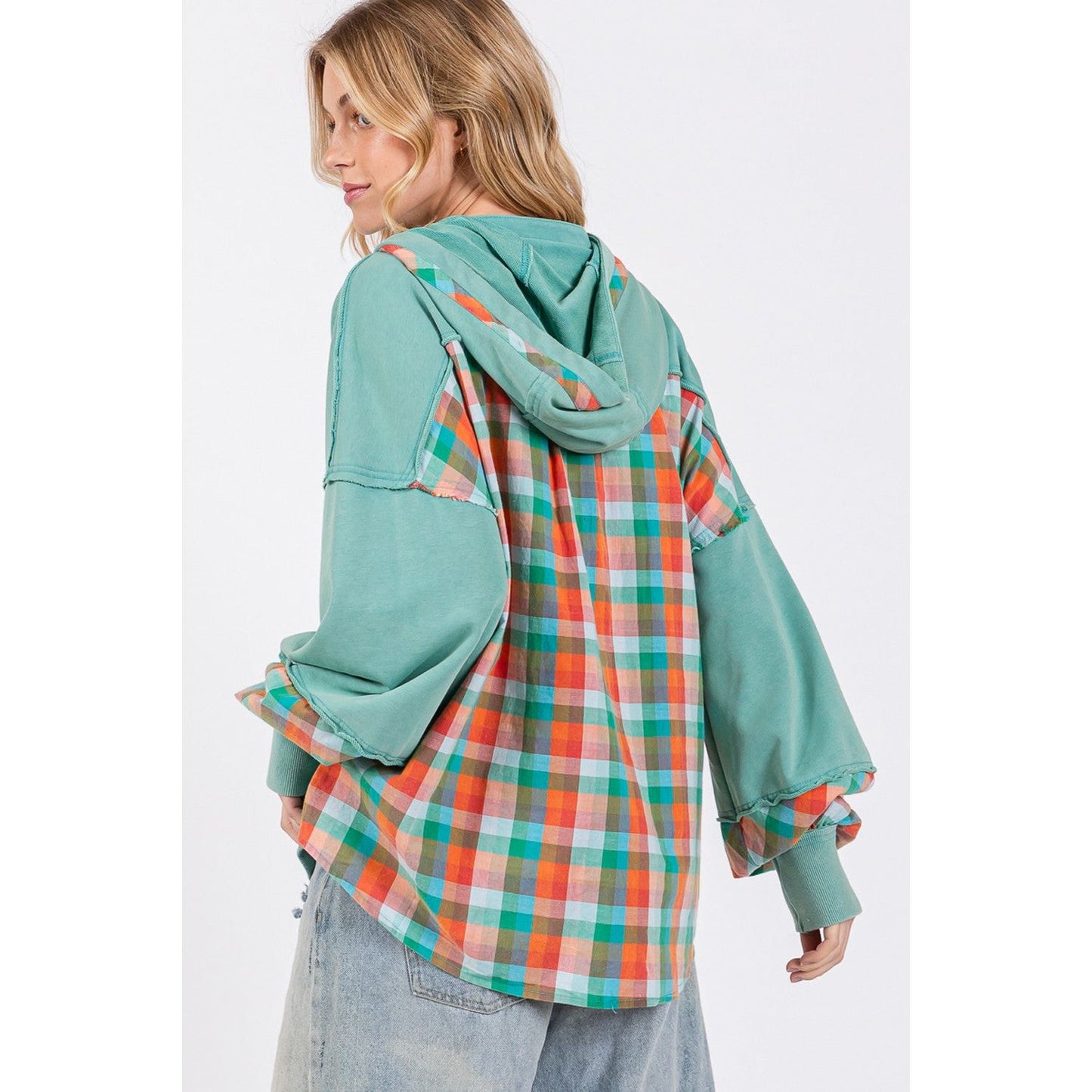 SAGE + FIG Full Size Plaid Print Washed Hoodie