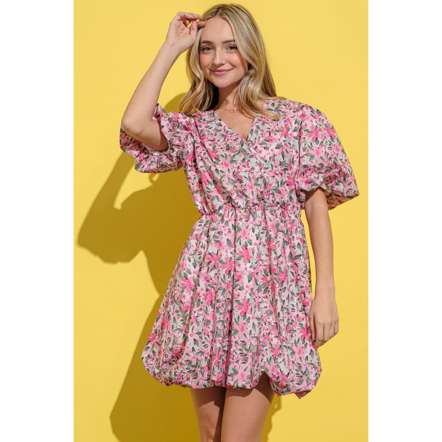 And The Why Full Size Floral Surplice Puff Sleeve Dress