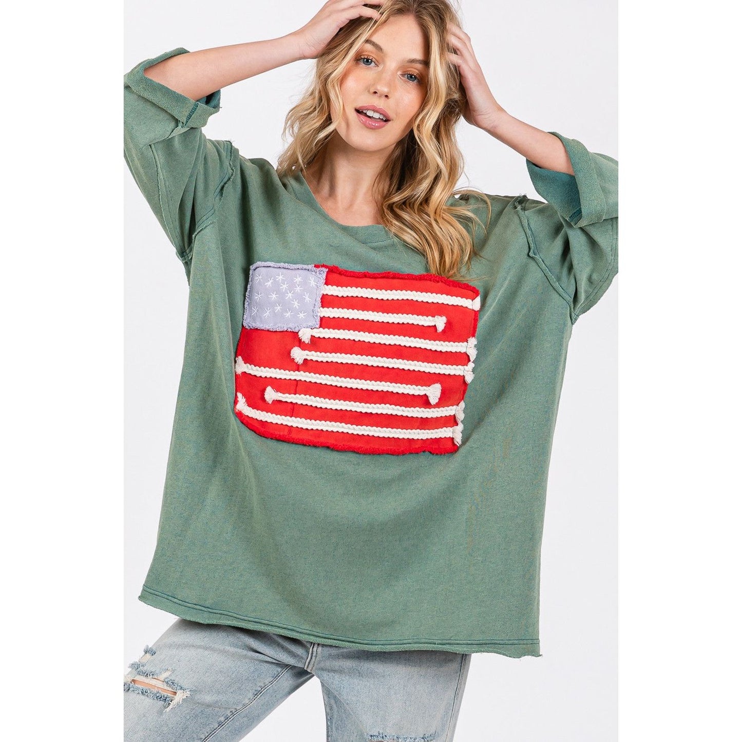 SAGE + FIG Full Size American Flag Patch Drop Shoulder T-Shirt