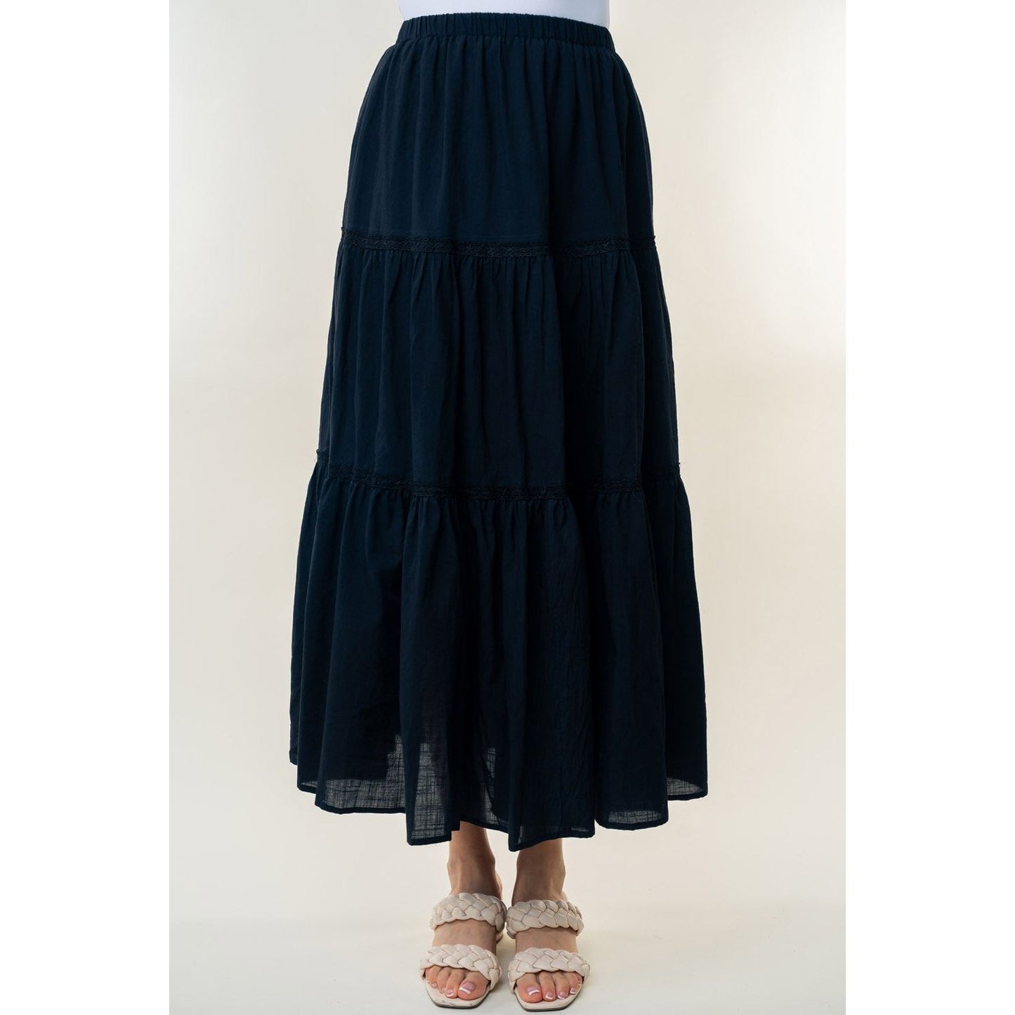 White Birch High Waisted Tiered Maxi Skirt