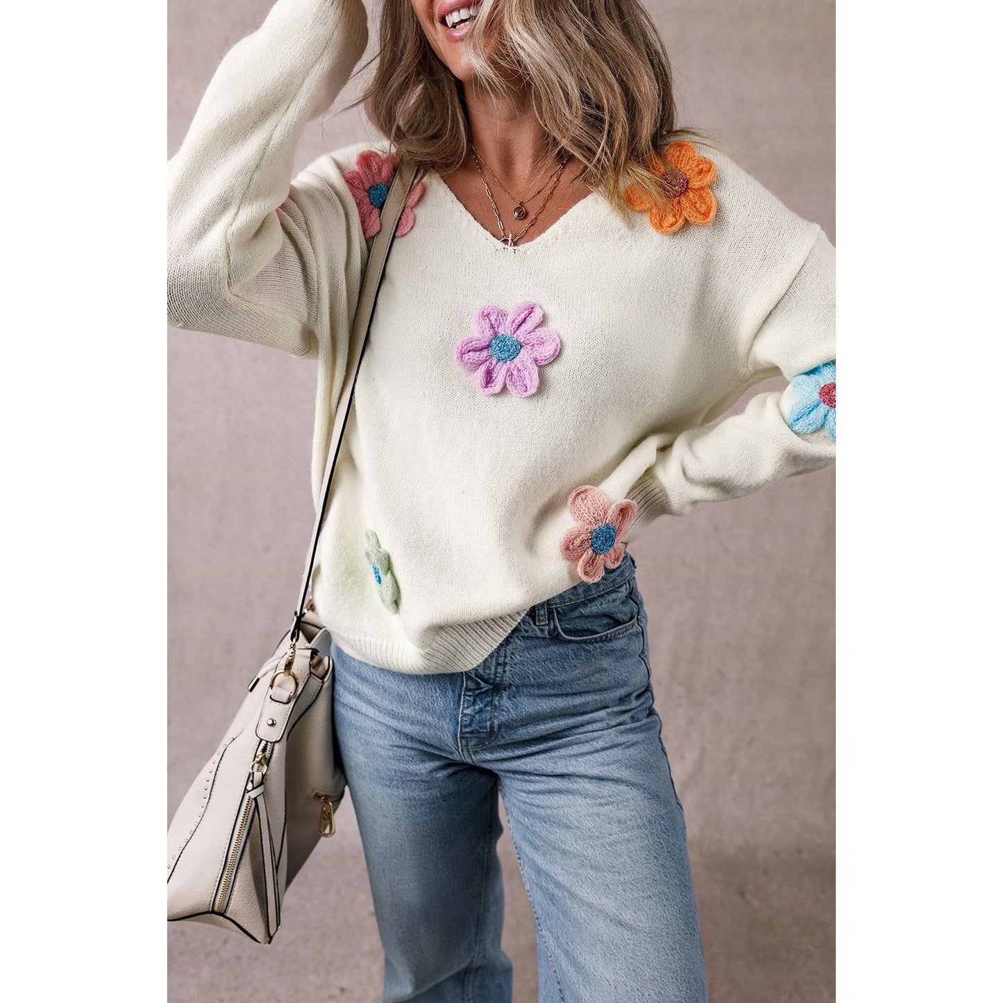 Crochet Flower V-Neck Long Sleeve Sweater