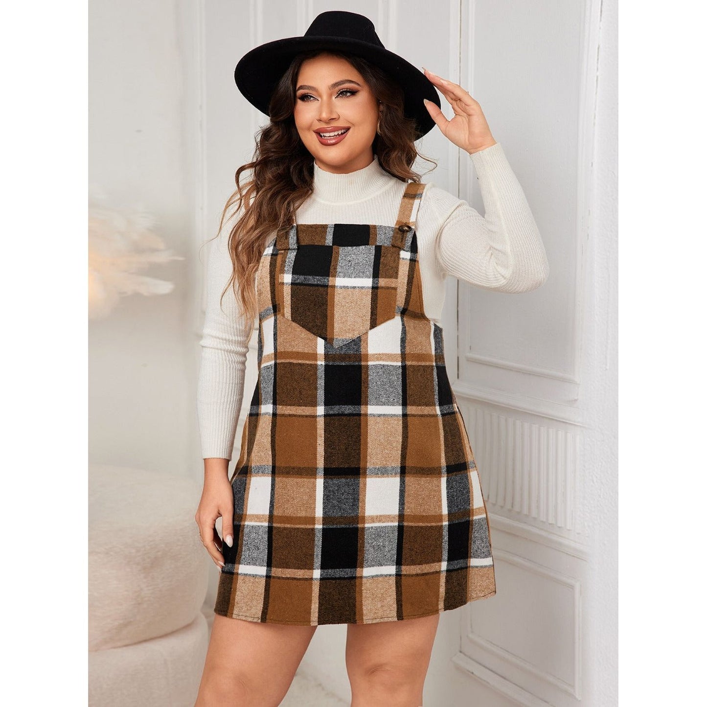 Honey Plus Size Plaid Wide Strap Overall Dress