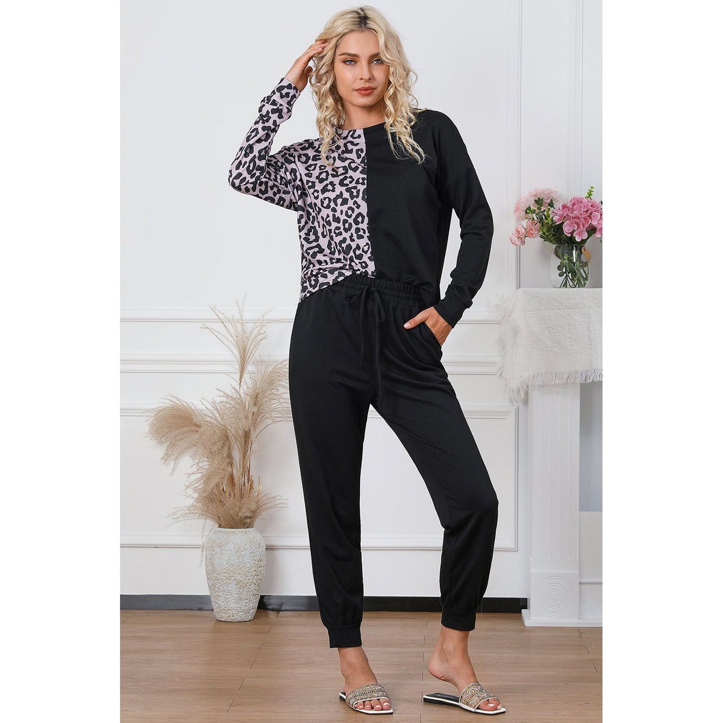 Leopard Round Neck Top and Drawstring Pants Lounge Set