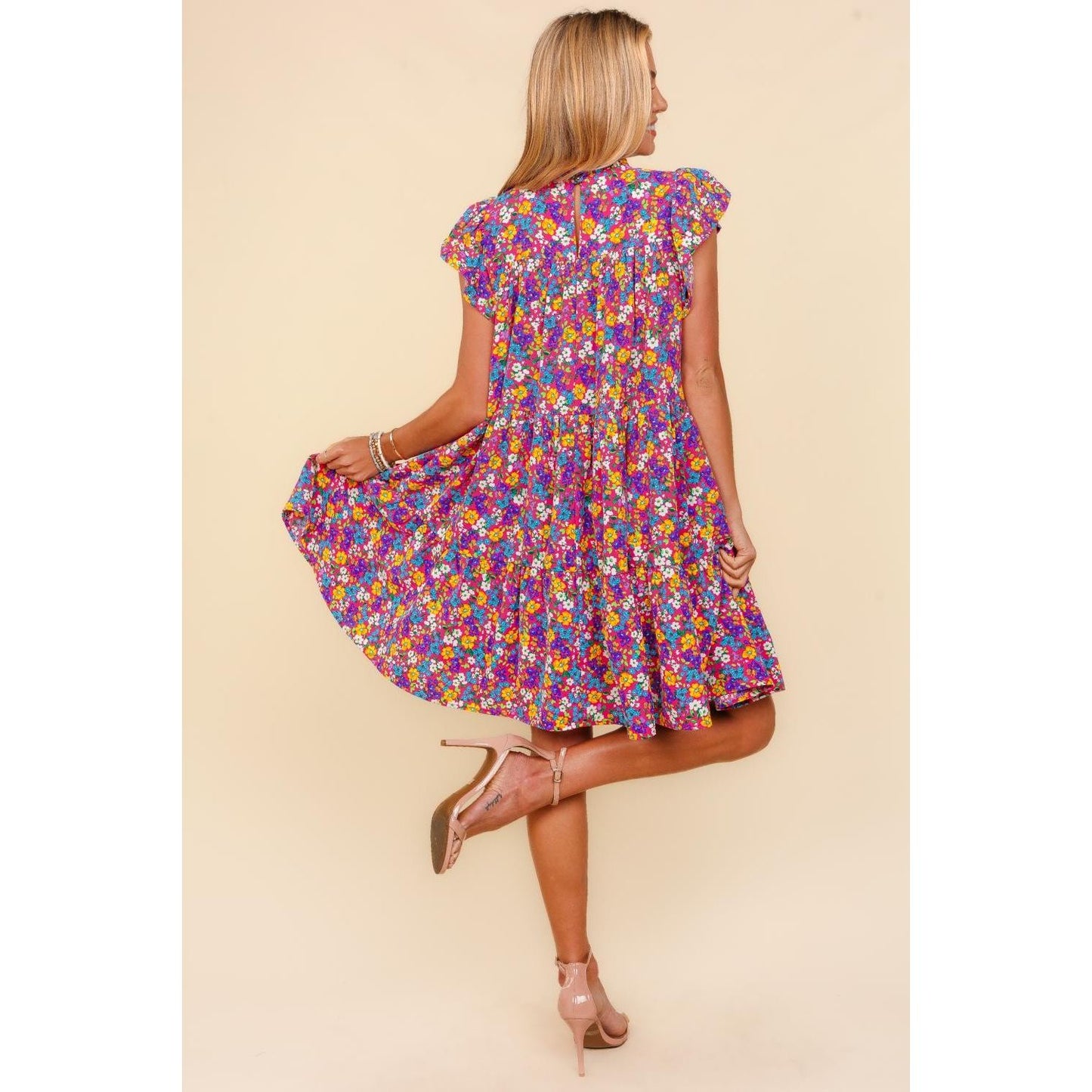 Haptics Frilled Mock Neck Ditsy Floral Dress