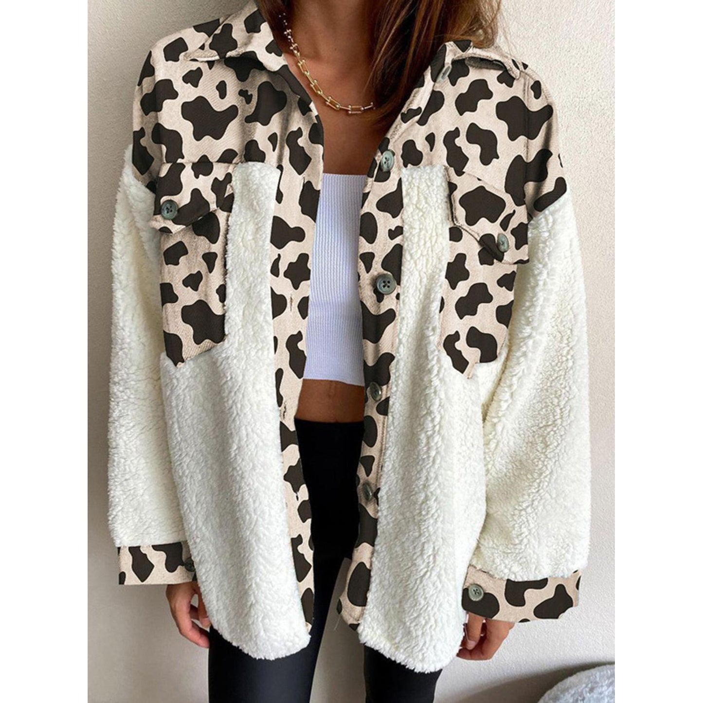 Fuzzy Button Up Long Sleeve Jacket