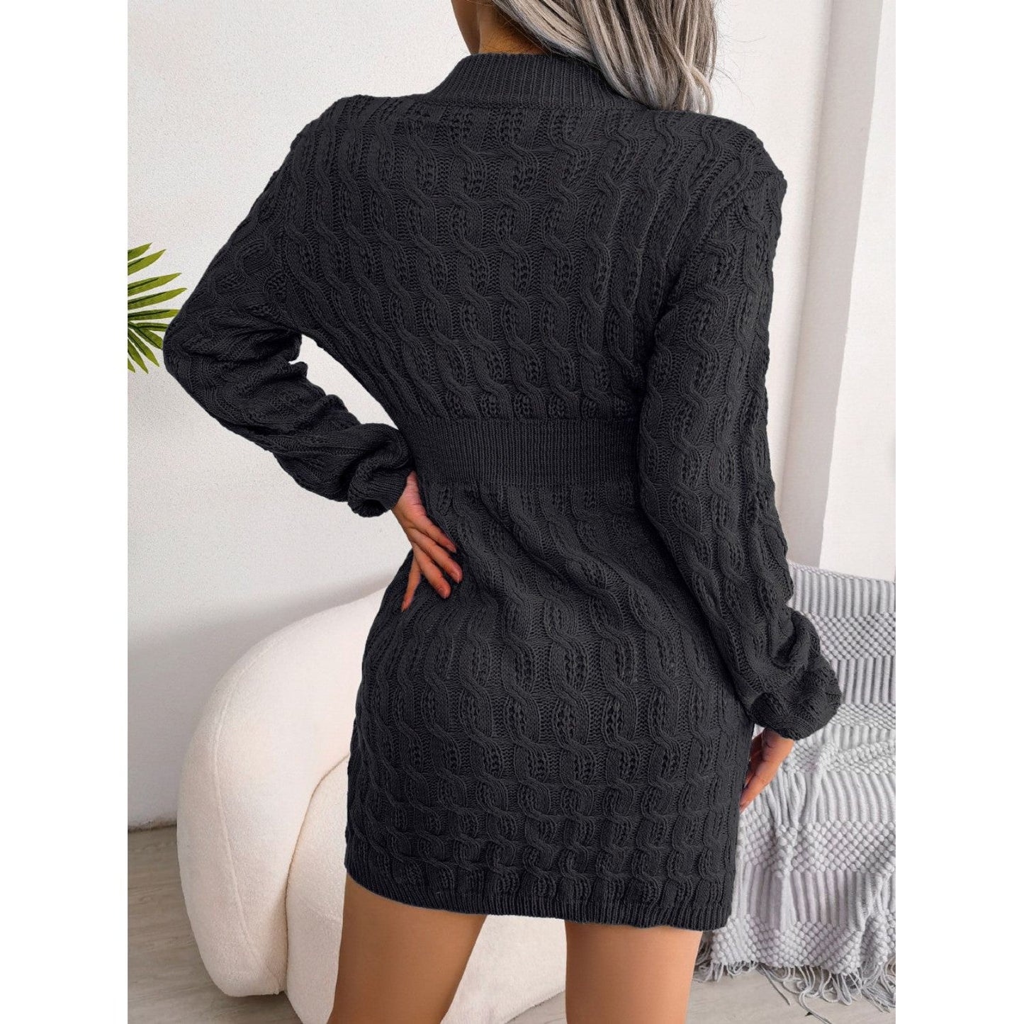 Cable-Knit Round Neck Mini Wrap Sweater Dress