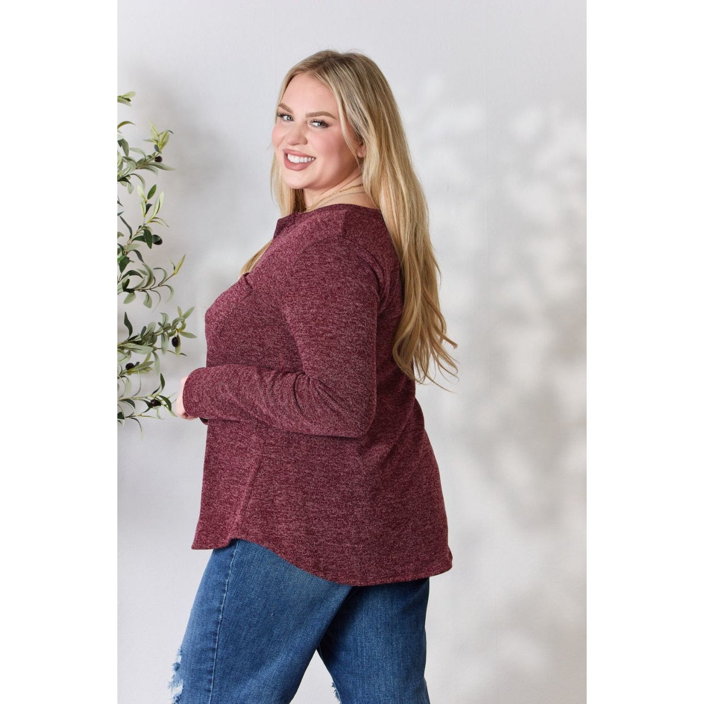 Heimish Full Size Notched Long Sleeve Top