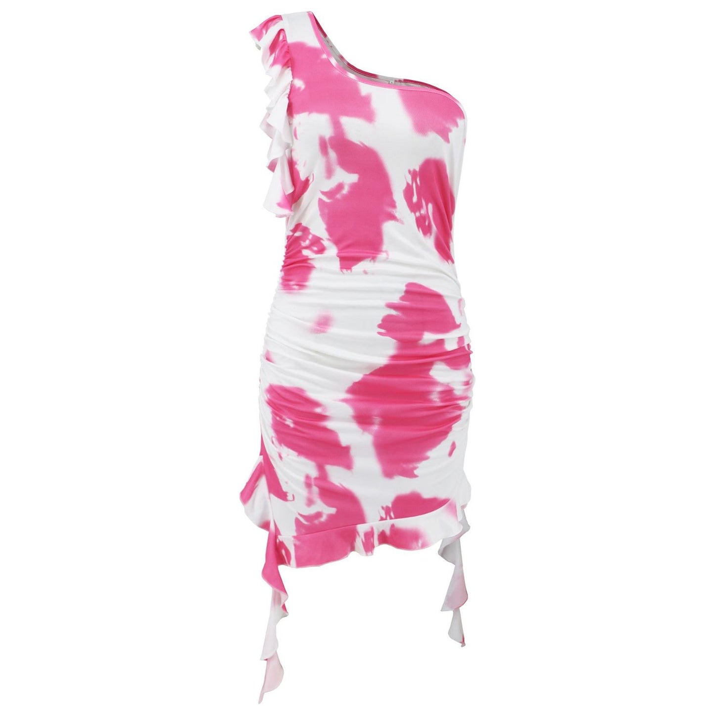 Ruffled Tie-Dye Single Shoulder Mini Dress