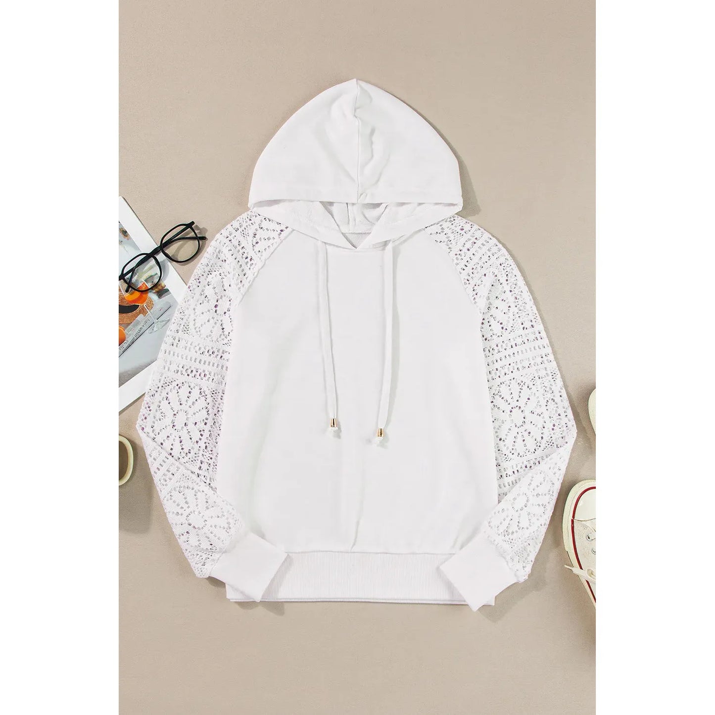 Drawstring Openwork Long Sleeve Hoodie