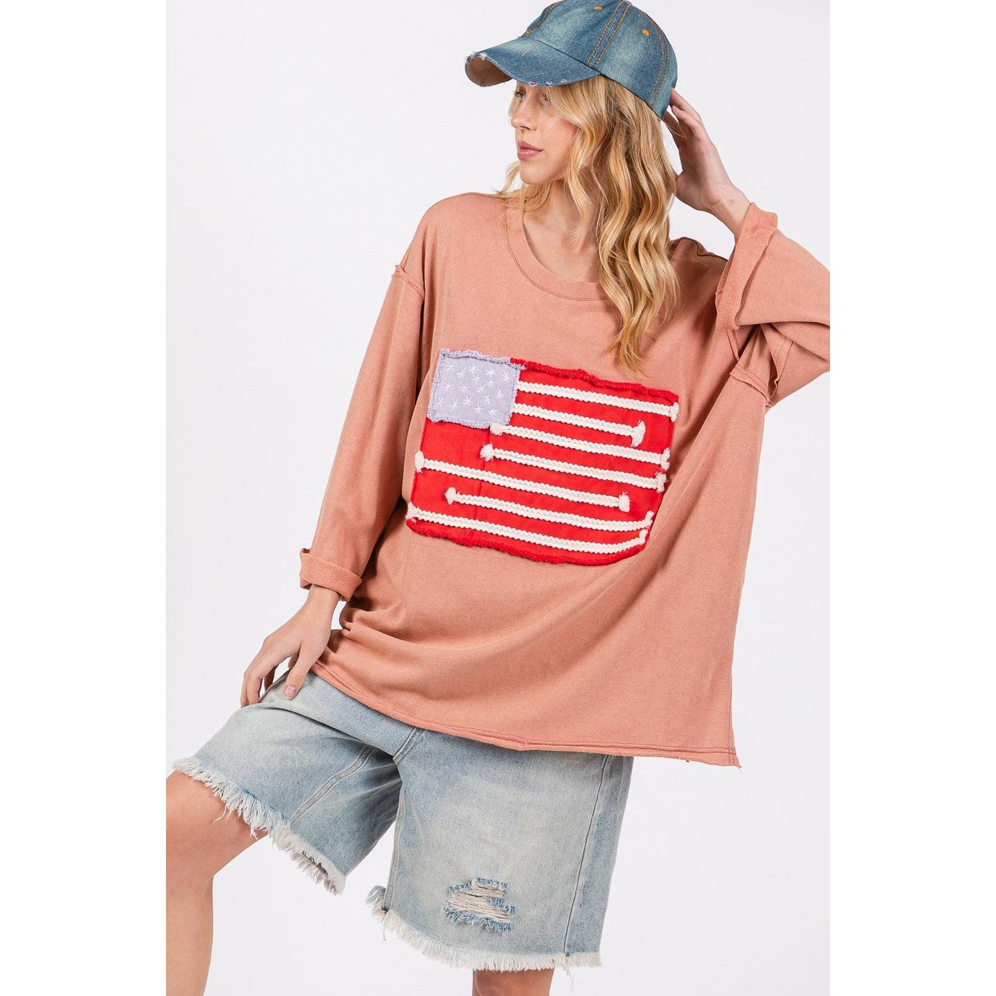 SAGE + FIG Full Size American Flag Patch Drop Shoulder T-Shirt