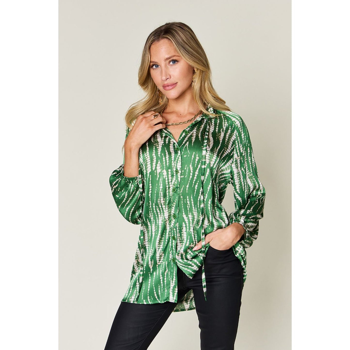 Double Take Full Size Printed Button Up Long Sleeve Shirt