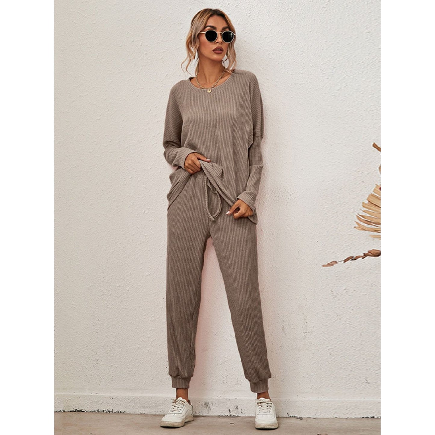 Round Neck Dropped Shoulder Top and Joggers Lounge Set