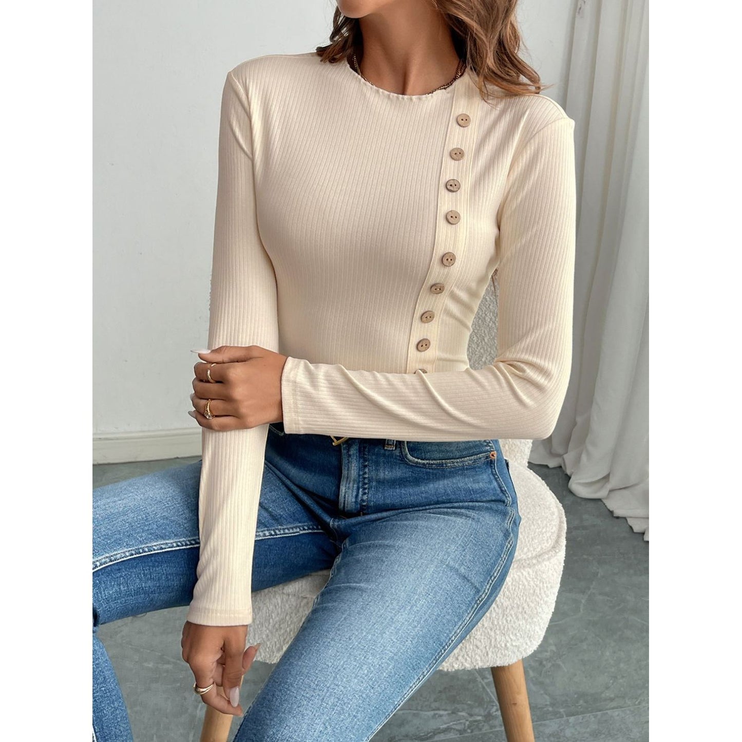 Perfee Decorative Button Round Neck Long Sleeve Bodysuit