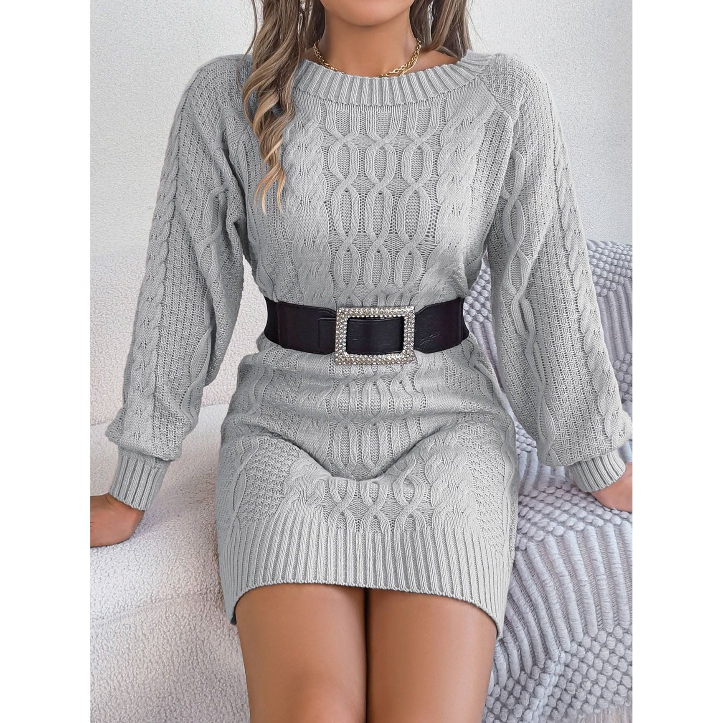 Cable-Knit Round Neck Sweater Dress