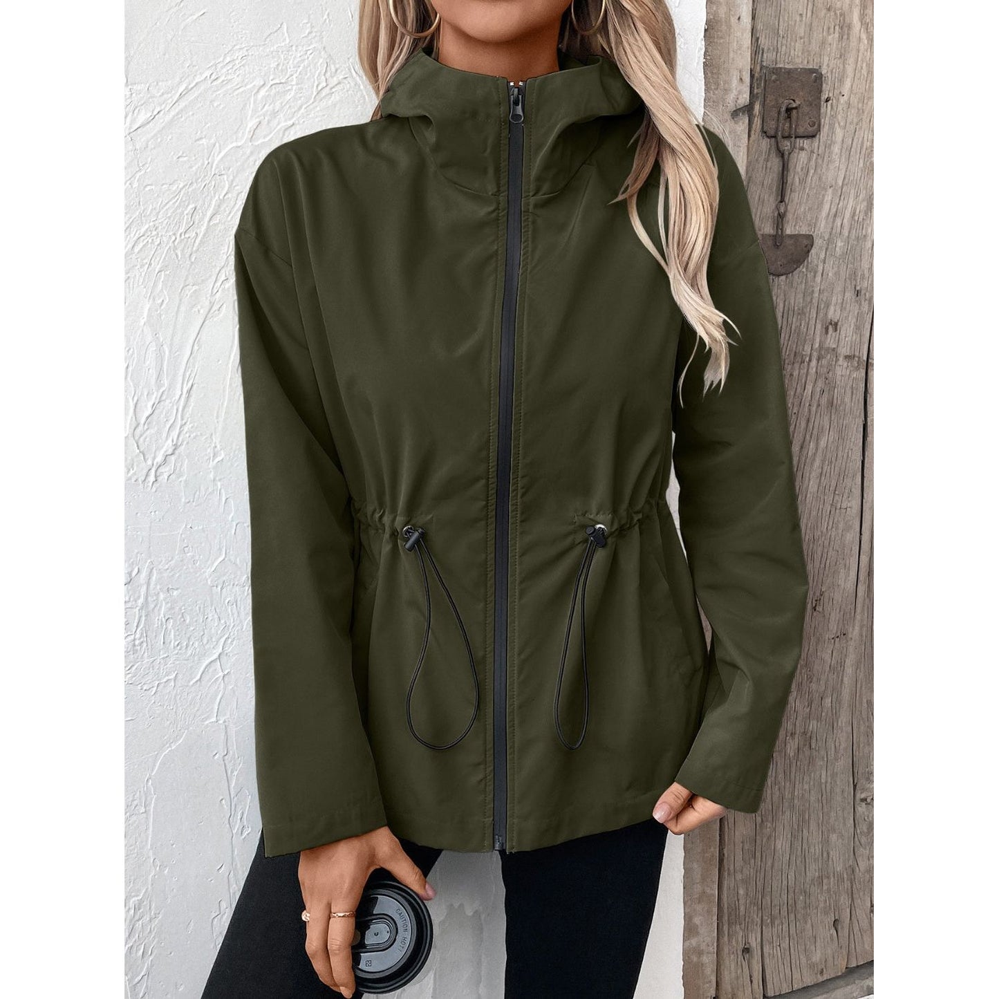 Drawstring Zip Up Hooded Jacket