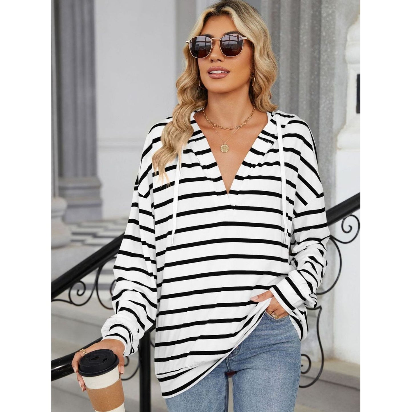 Drawstring Striped Long Sleeve Hoodie