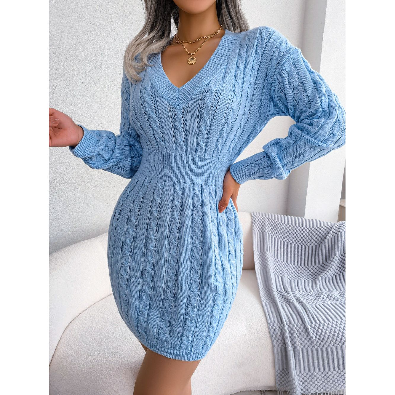 Cable-Knit V-Neck Mini Sweater Dress