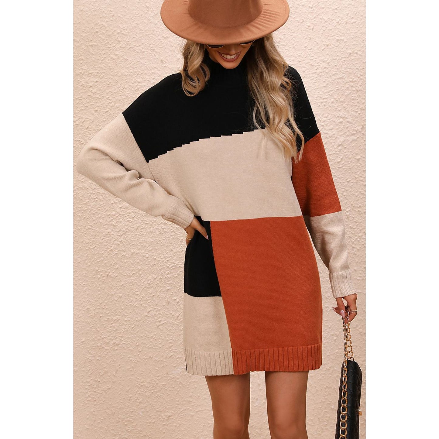 Color Block Mock Neck Dropped Shoulder Sweater Dress