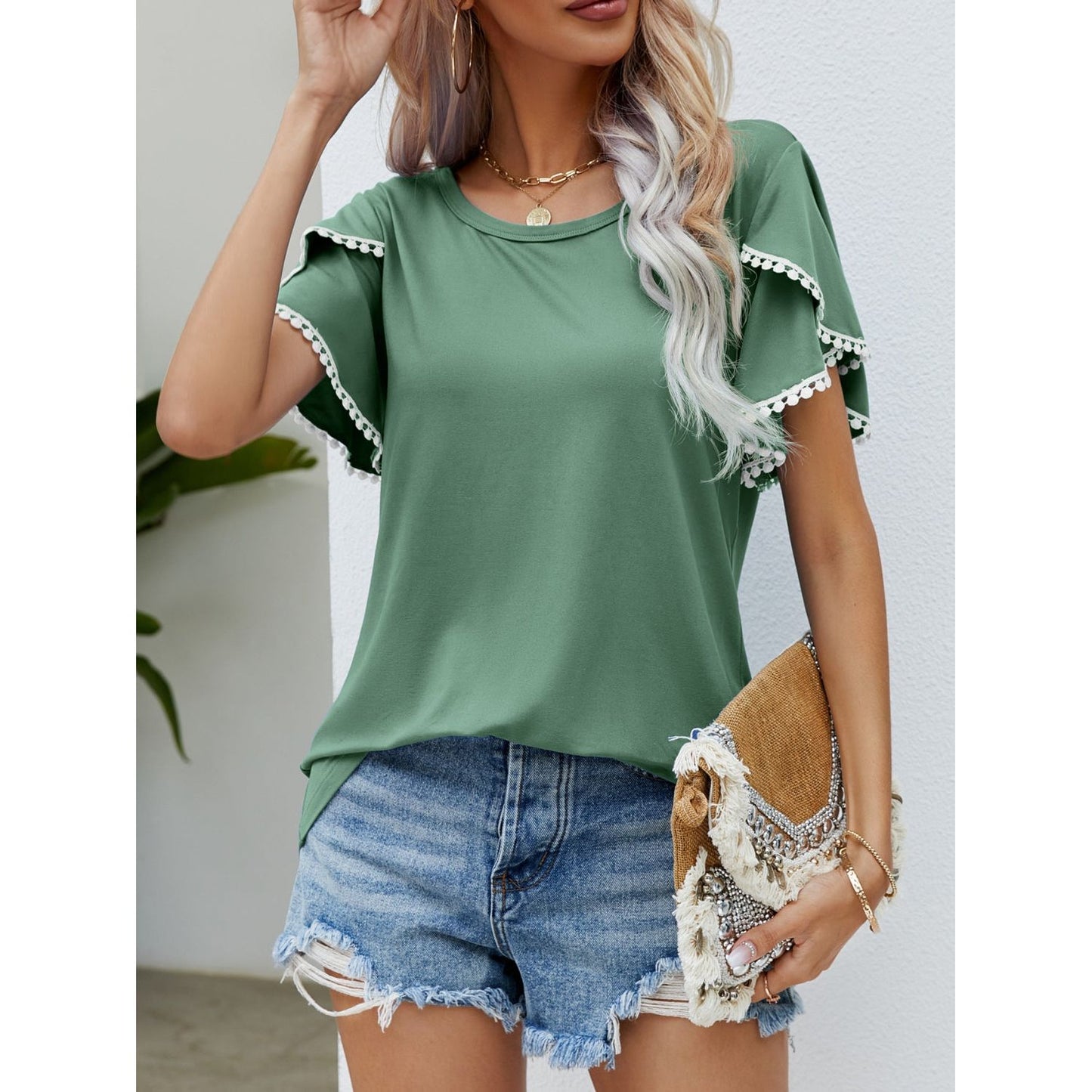 Pom-Pom Trim Flutter Sleeve Round Neck T-Shirt