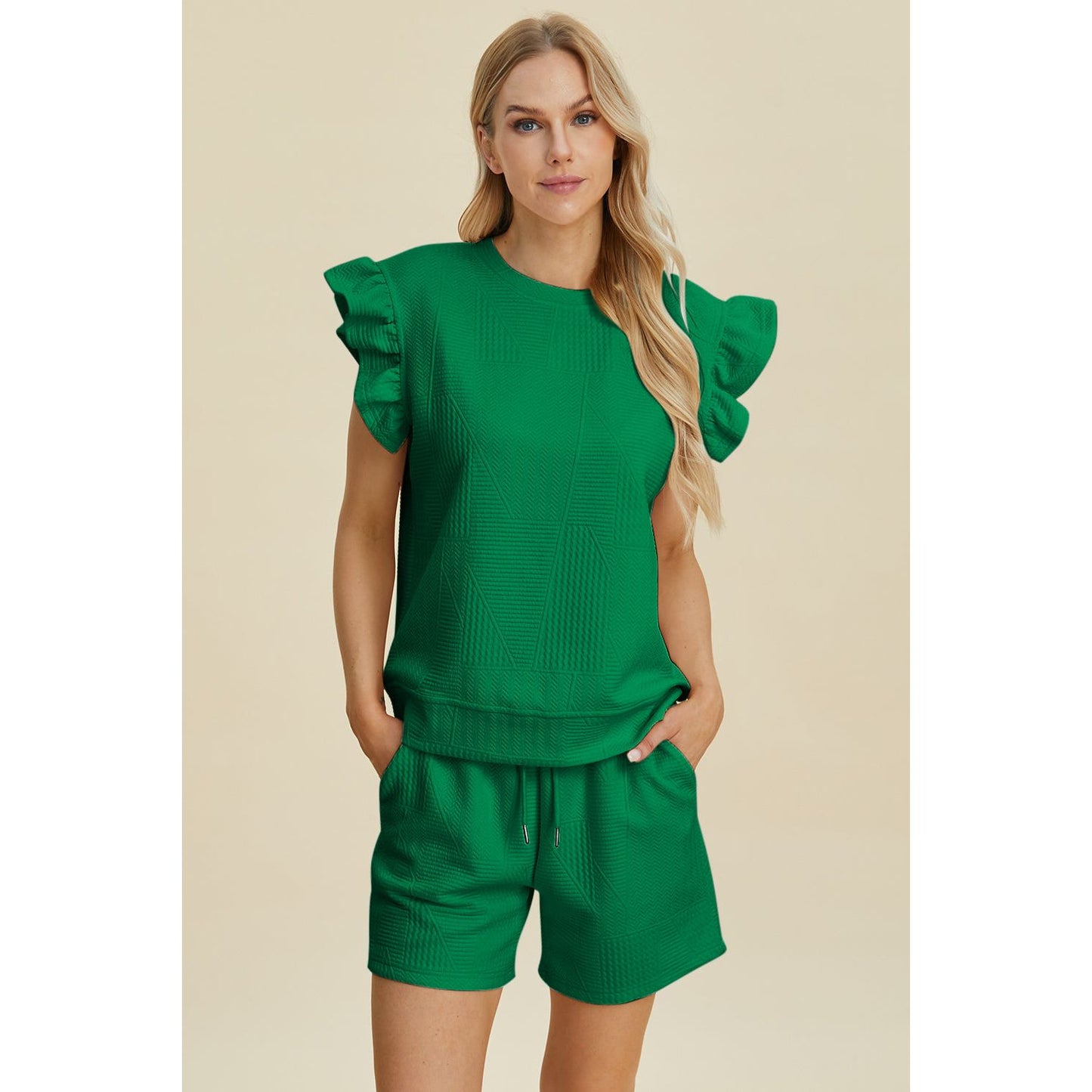 Double Take Full Size Texture Round Neck Ruffle Sleeve Top and Shorts Set