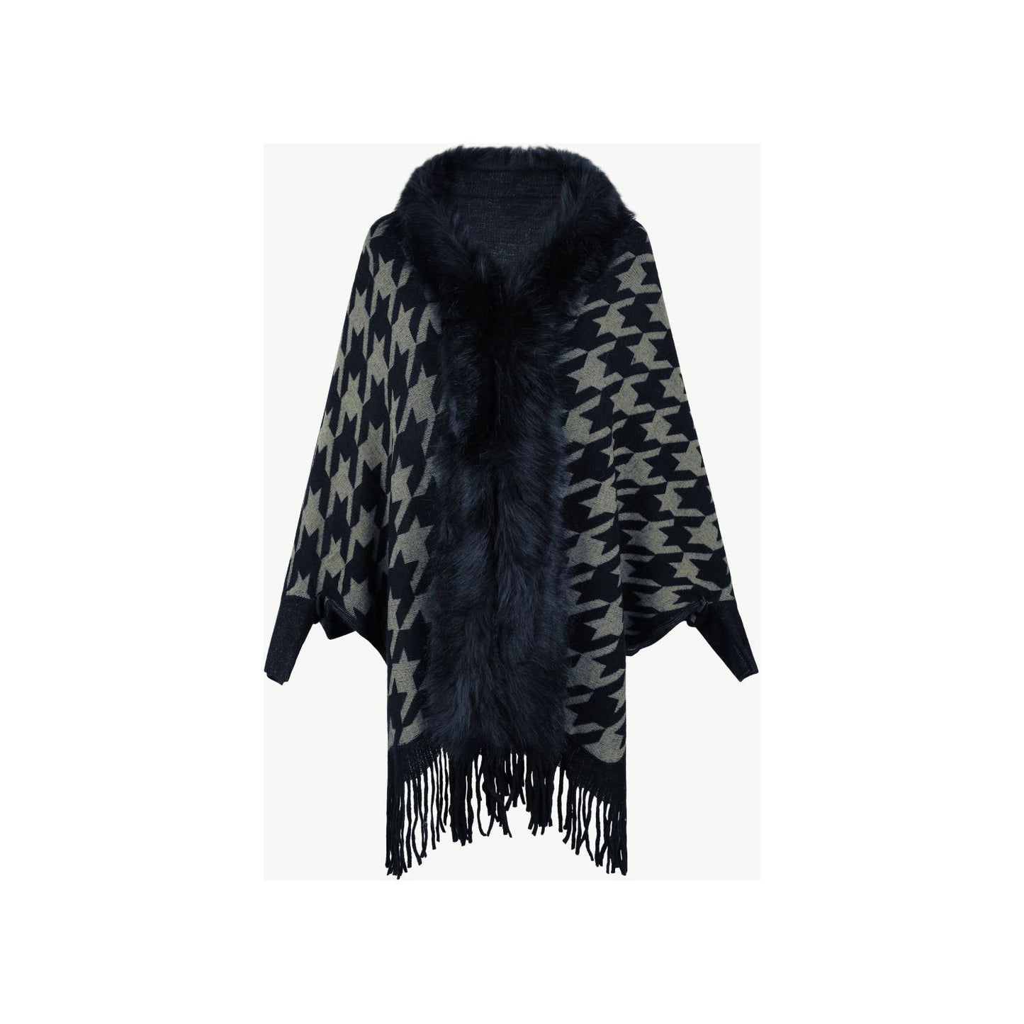 Houndstooth Fringe Hem Poncho