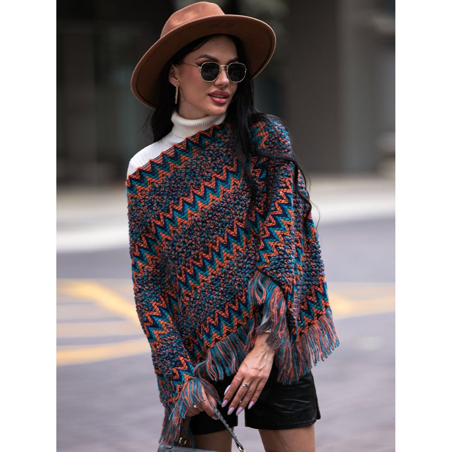 Shiny Fringe Hem Boat Neck Poncho